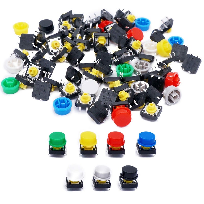 TWTADE/140PCS Tactile Push Button Switch 4 Pin Momentary Tact Switches 12x12x7.3mm with 7 Color Switch Caps (70Sets) - Image 1